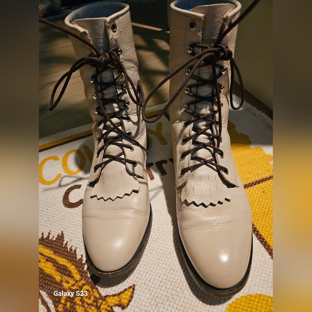 Justin Ivory Mens/ Womans Lace-Up Leather Roper Boots Size 9.5d